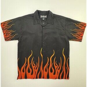 Club Shirt Mens L Flame Bowling Shirt Black Orange Retro Y2K Button Up